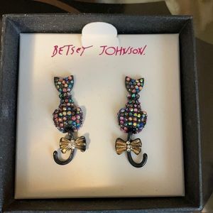 Betsey Johnson Cat Stud Rhinestone Earrings Black & Multicolor Tone